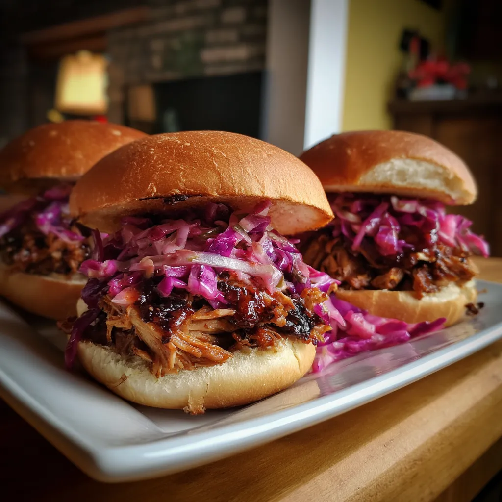 Three sandwiches with coleslaw and barbecue sauce.