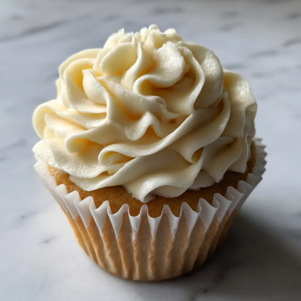 A cupcake with white frosting and a yellow rose.