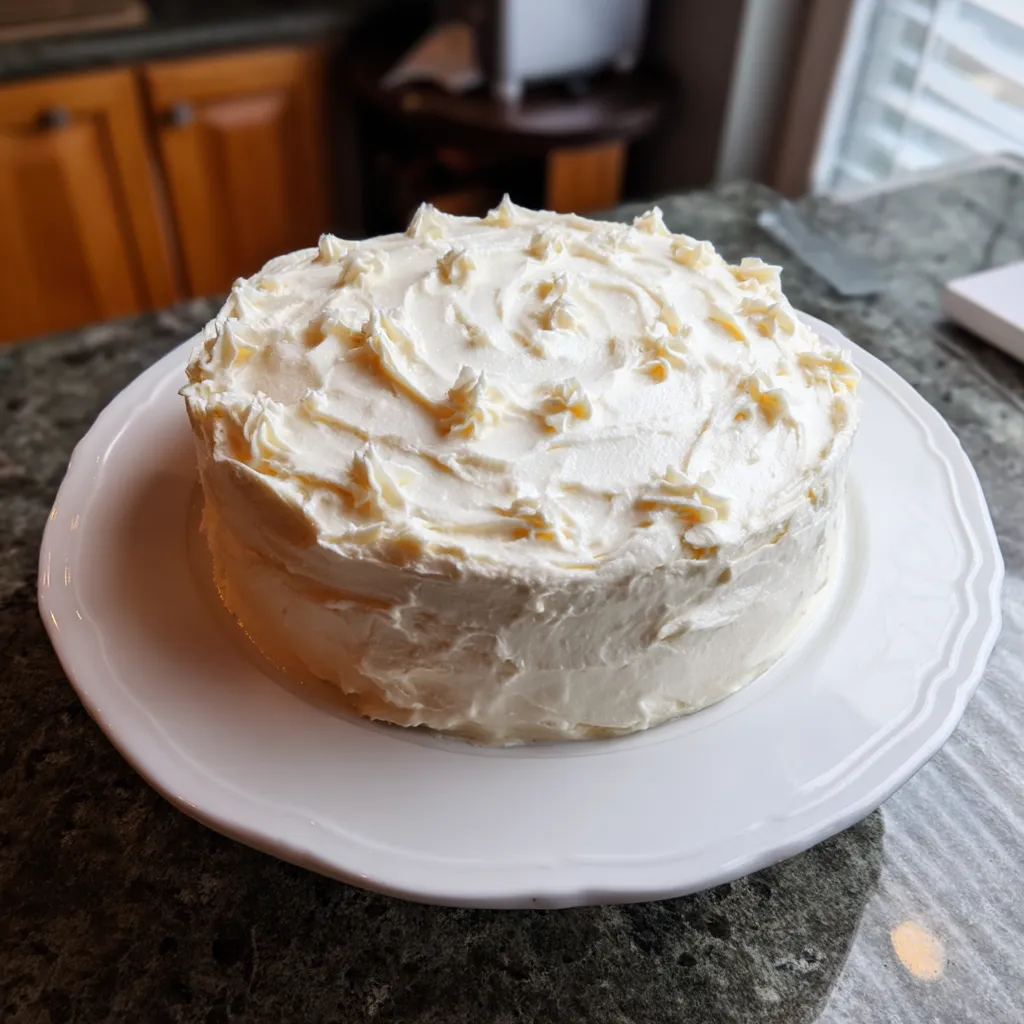 A white cake with white frosting on a plate.