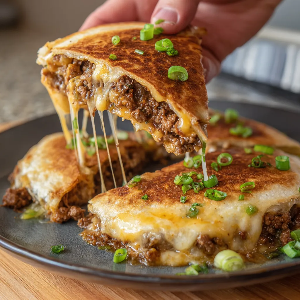 A person is holding a piece of food that is a combination of a burger and a pizza.