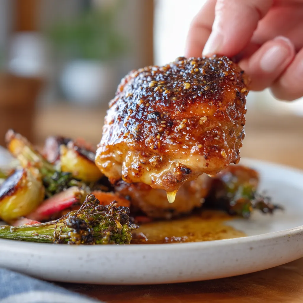 A person is holding a piece of chicken with brown sugar mustard.