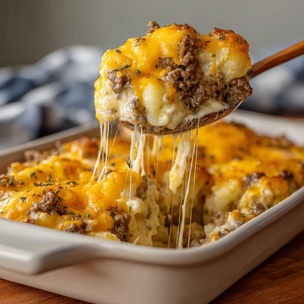 A spoonful of a cheesy, meat-filled casserole.