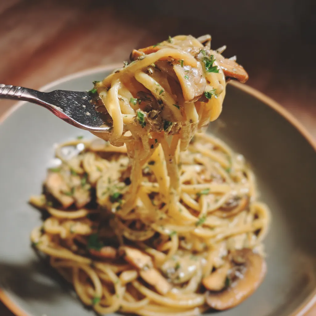A fork is being used to eat a creamy mushroom pasta.