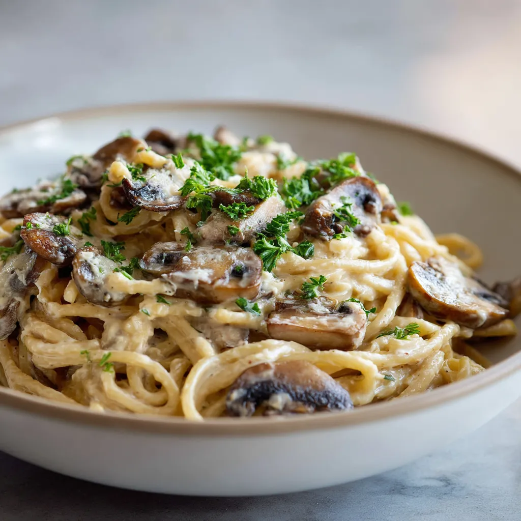 A bowl of pasta with mushrooms and herbs.