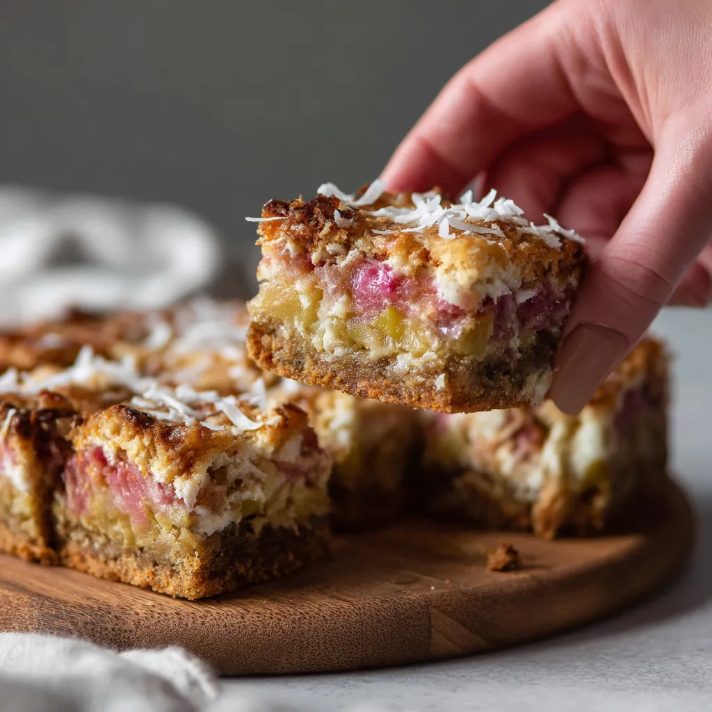 A hand is holding a piece of a dessert.
