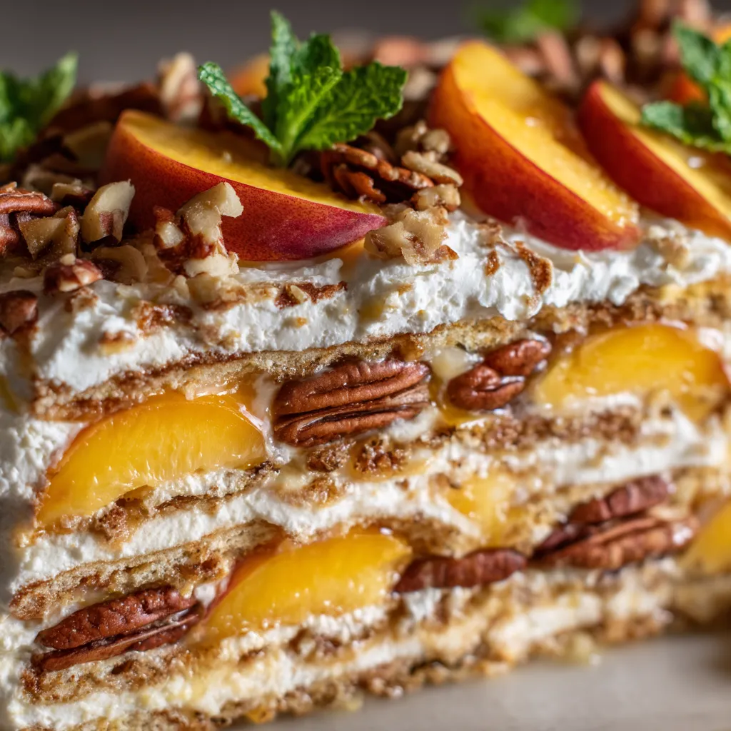 A slice of bourbon-peach icebox cake.