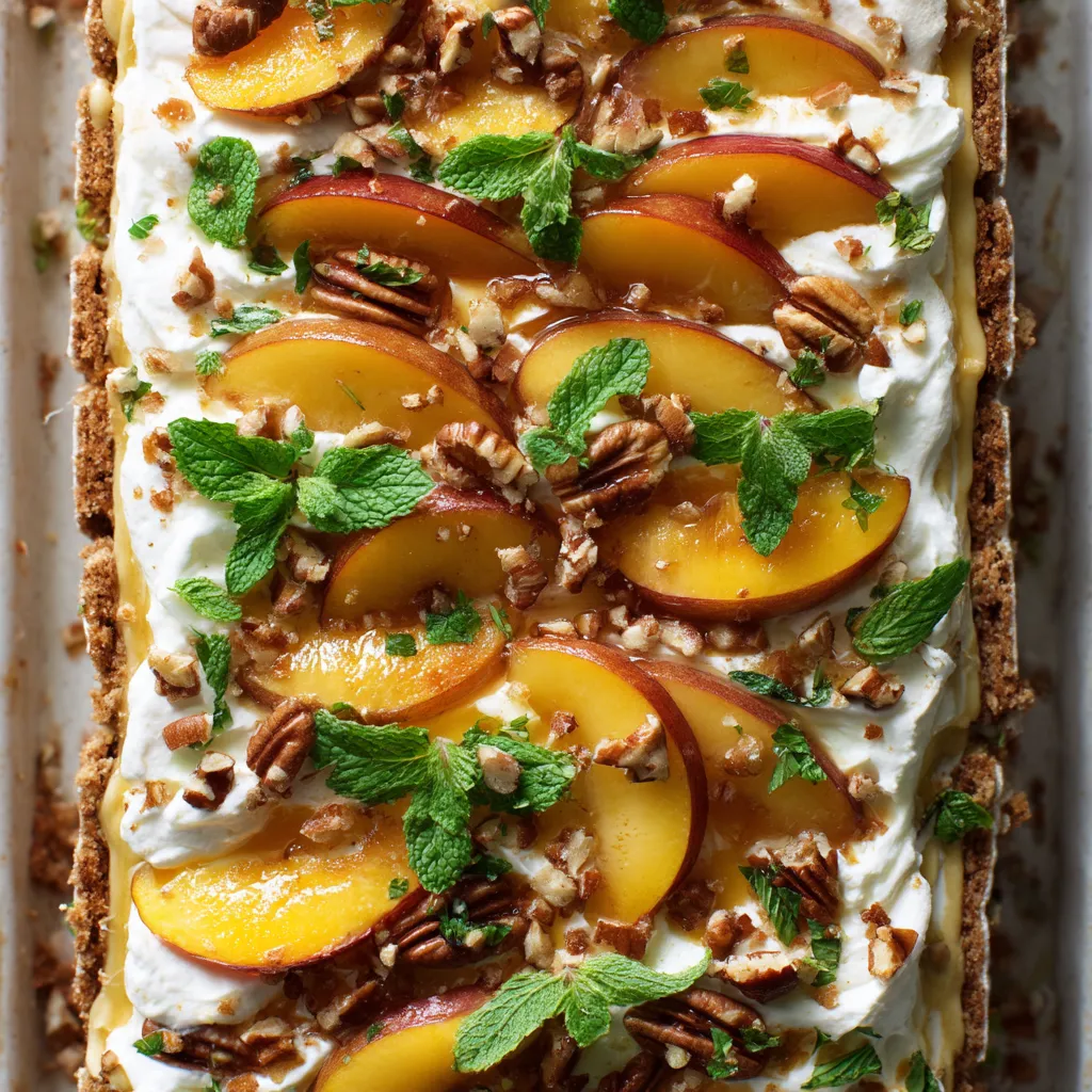 A slice of cake with peaches and walnuts.
