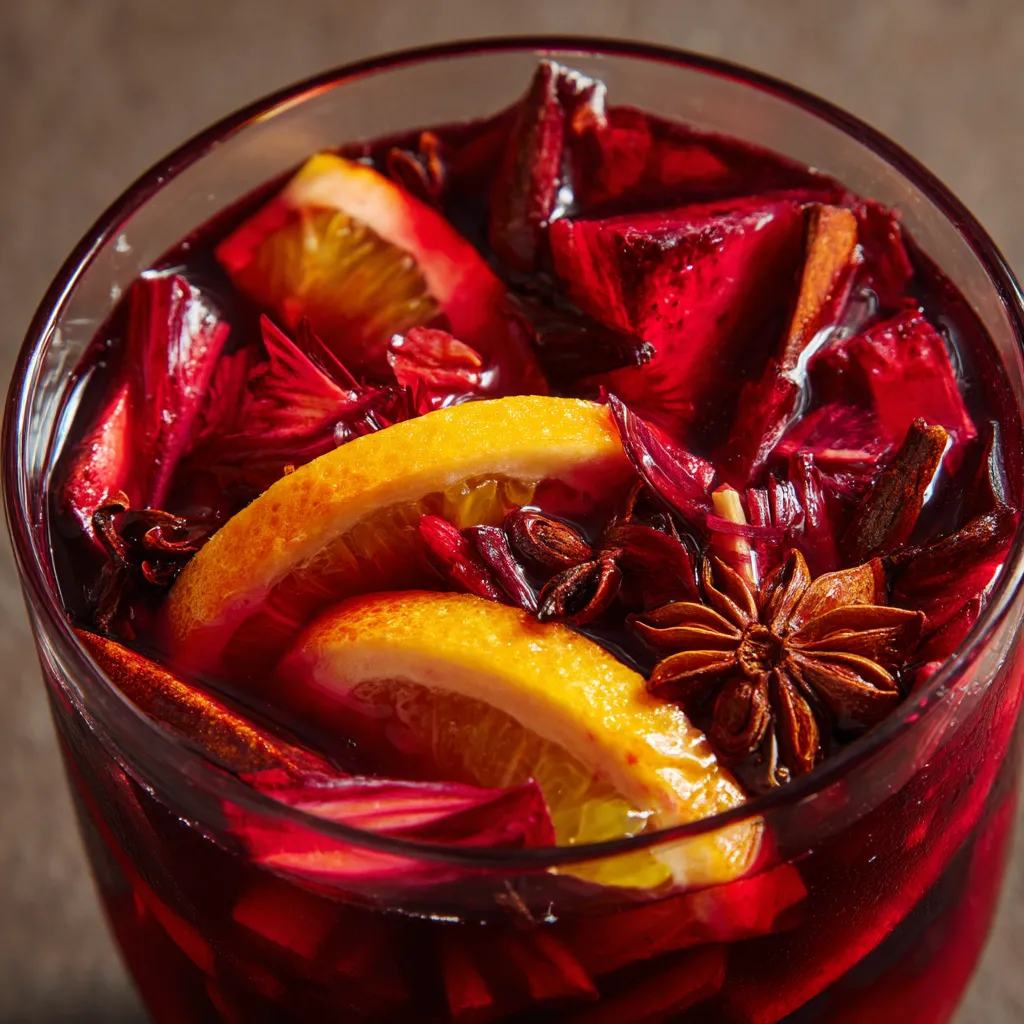 A glass of red drink with orange slices and star anise.