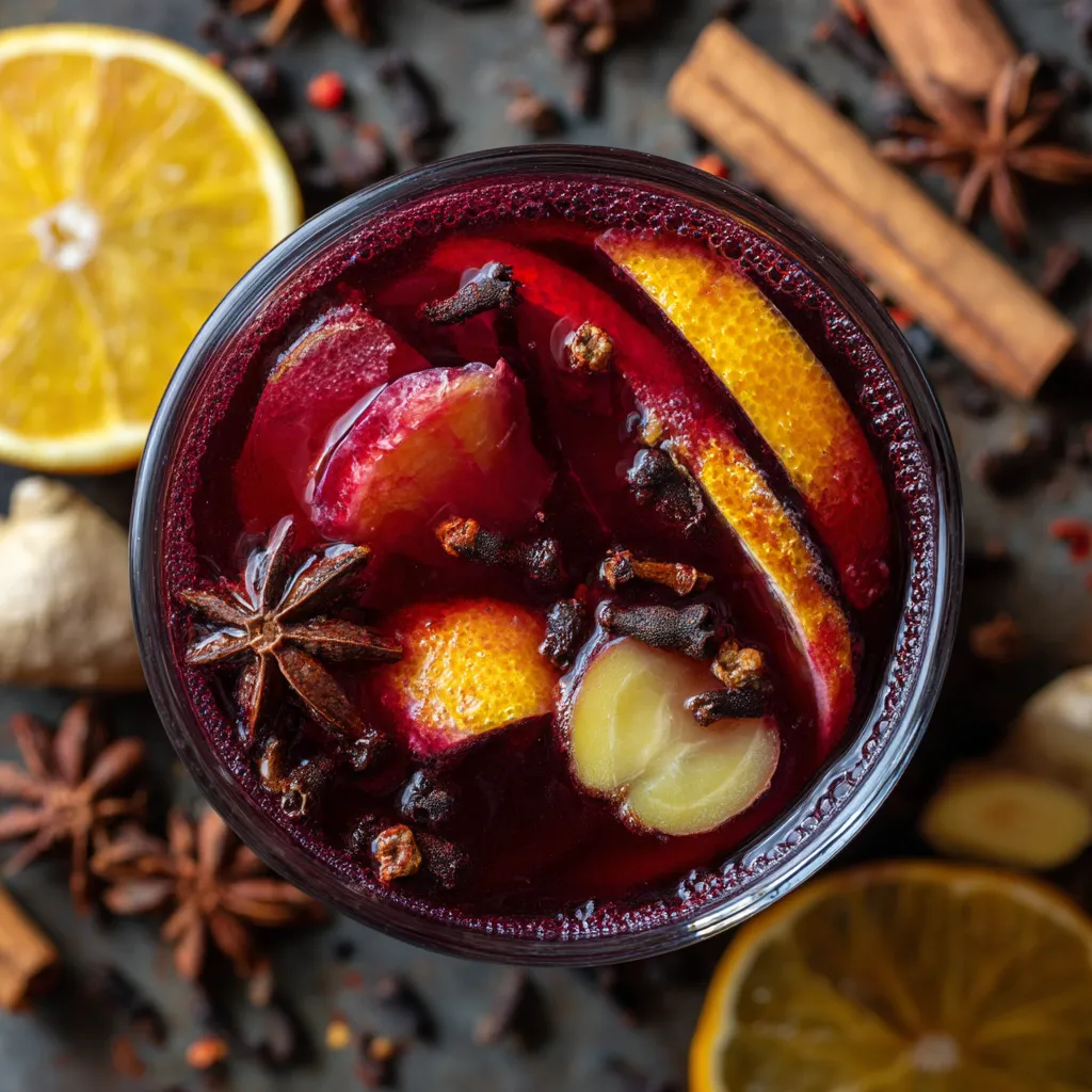 A glass of red wine with sliced fruit and spices.