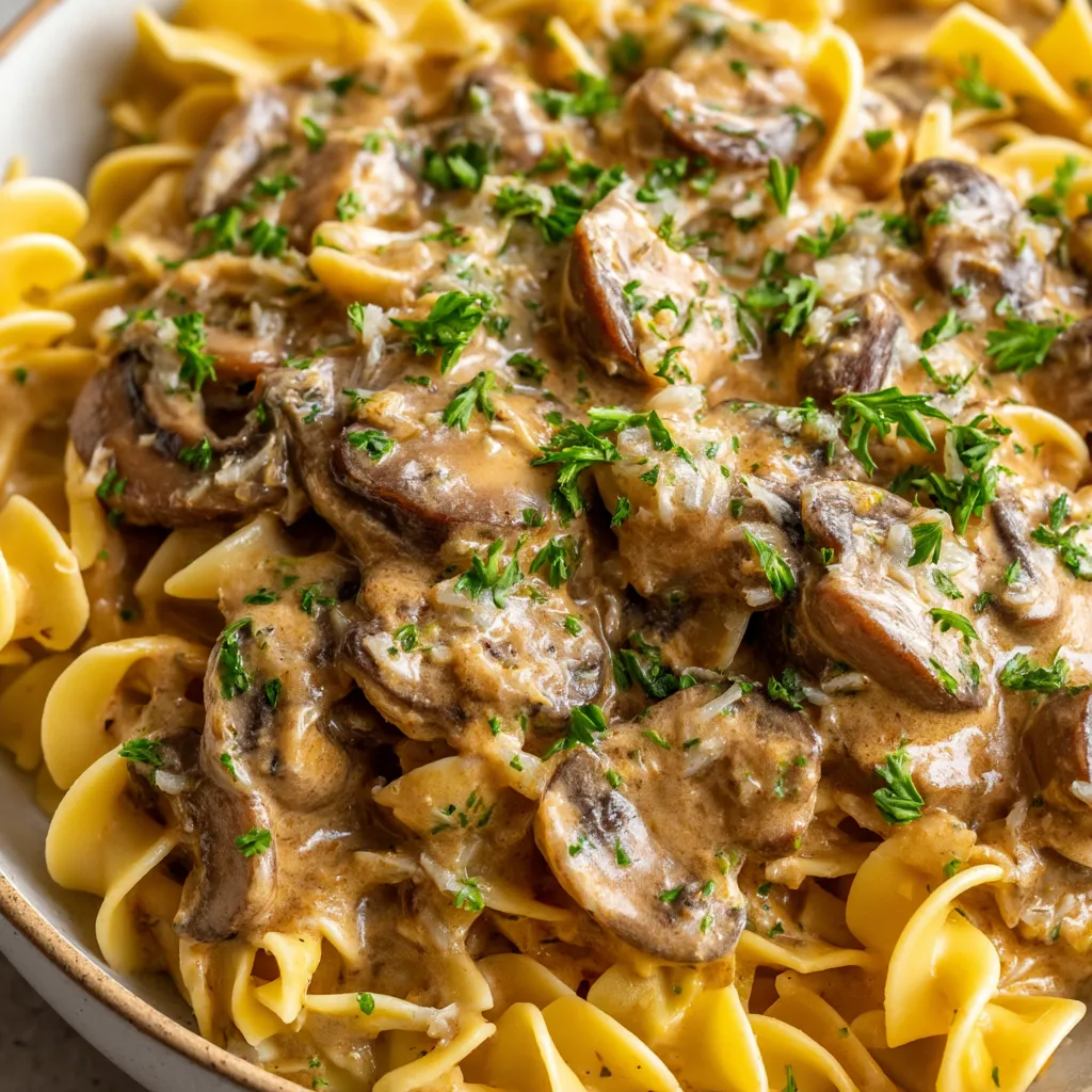 A plate of mushroom stroganoff.