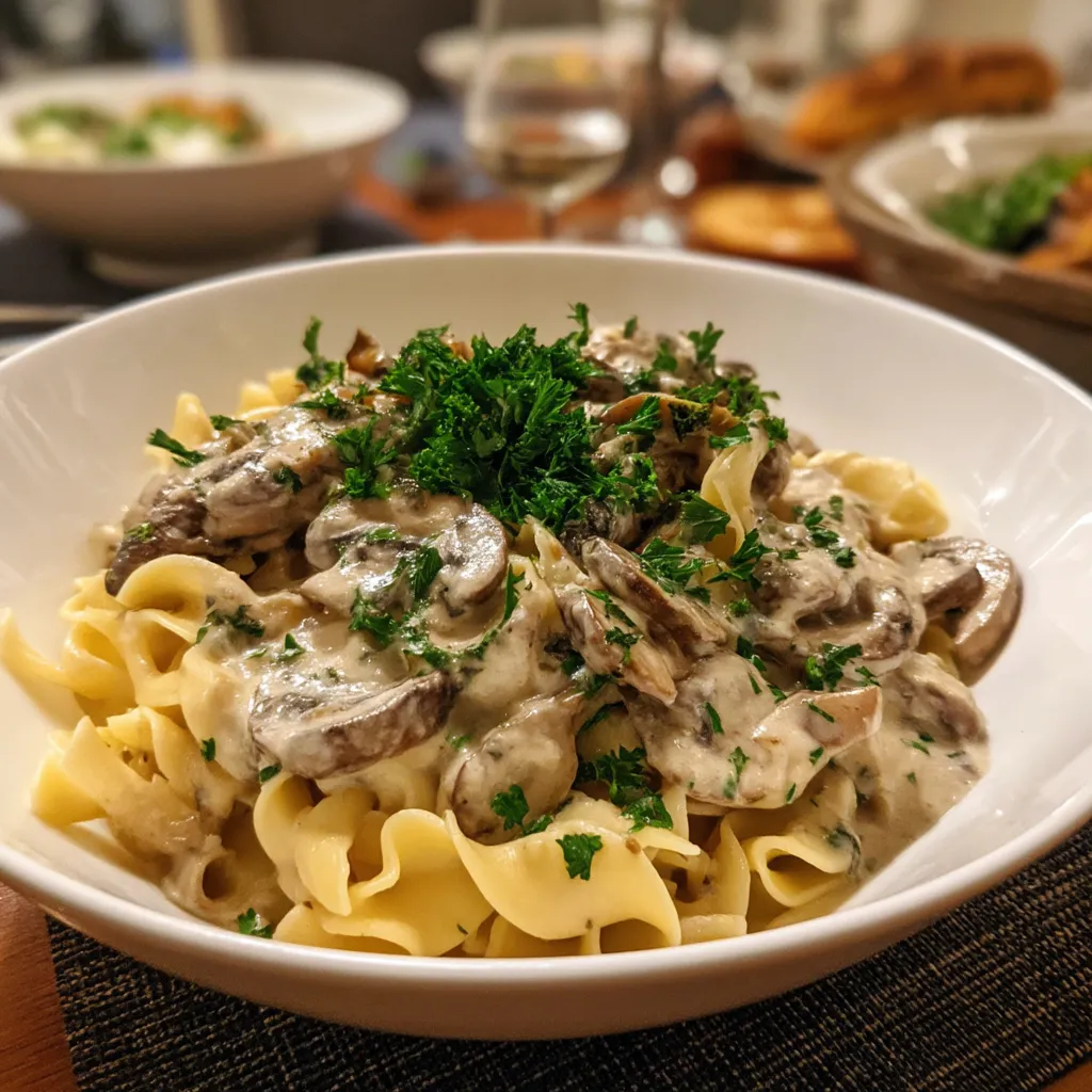 A bowl of pasta with mushrooms and parsley.