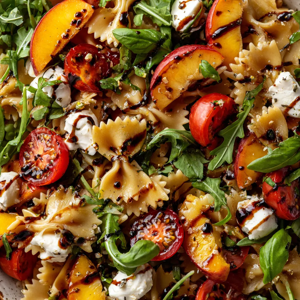 A bowl of pasta salad with tomatoes, peaches, and basil.