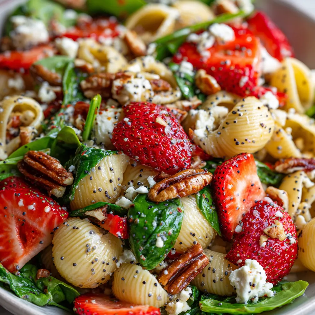 A bowl of pasta salad with strawberries and poppy seeds.