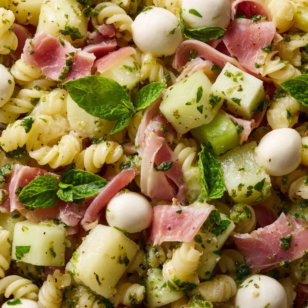 A dish of pasta salad with ham, mushrooms, and mint.