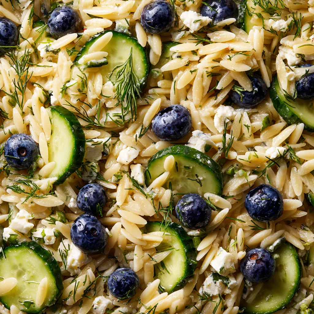 A dish of pasta salad with blueberries and feta cheese.