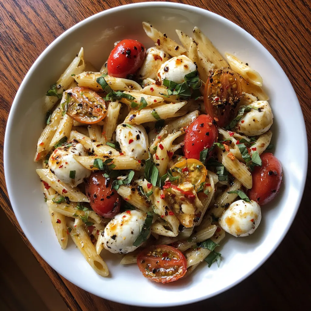A bowl of pasta with tomatoes and cheese.