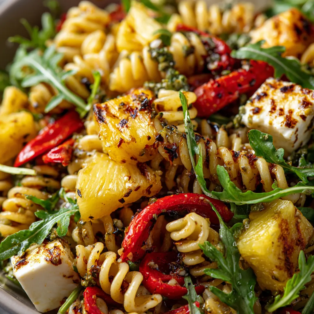 A bowl of pasta salad with grilled pineapple, jalapeno, and lime dressing.