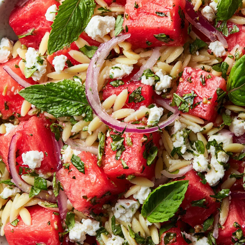 A salad with watermelon, feta cheese, and pasta.