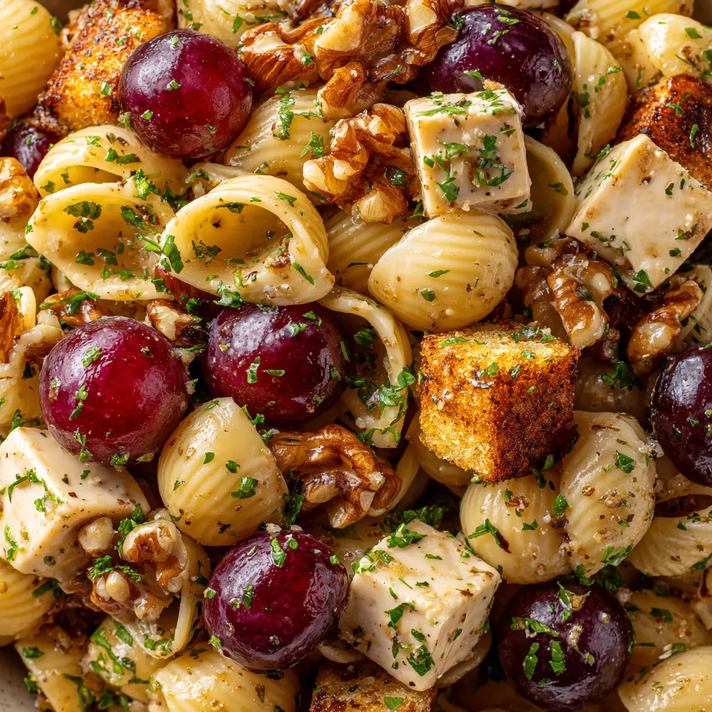 A bowl of pasta salad with roasted grapes and walnuts.