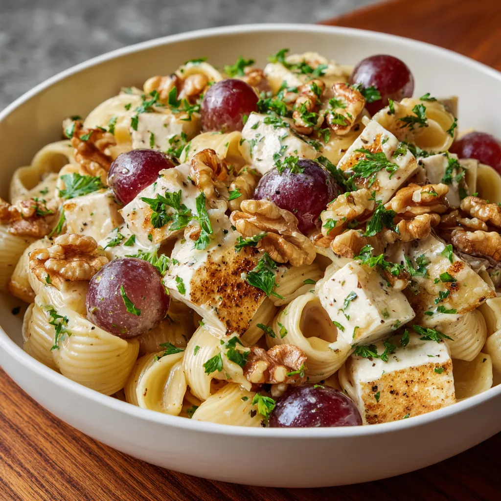 A bowl of pasta with meat and grapes.