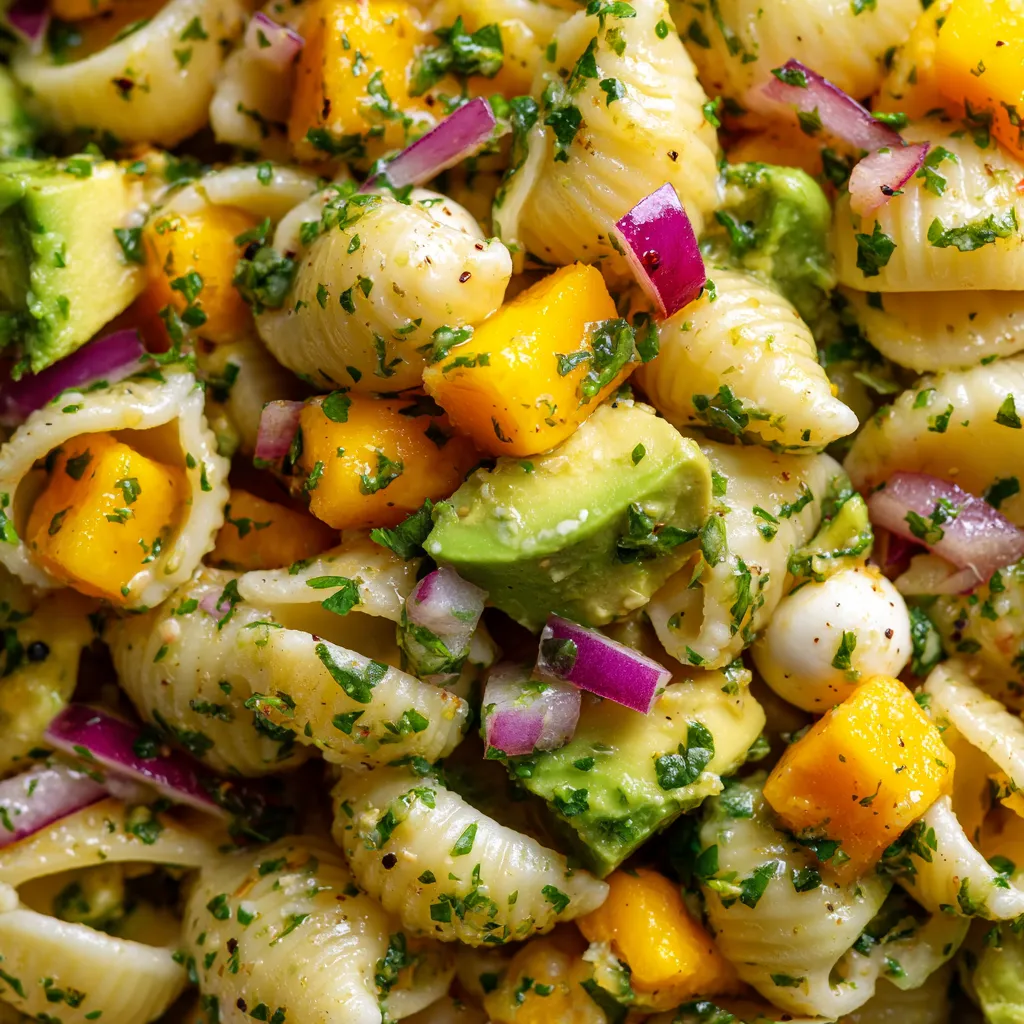 A dish of pasta salad with mango and avocado.