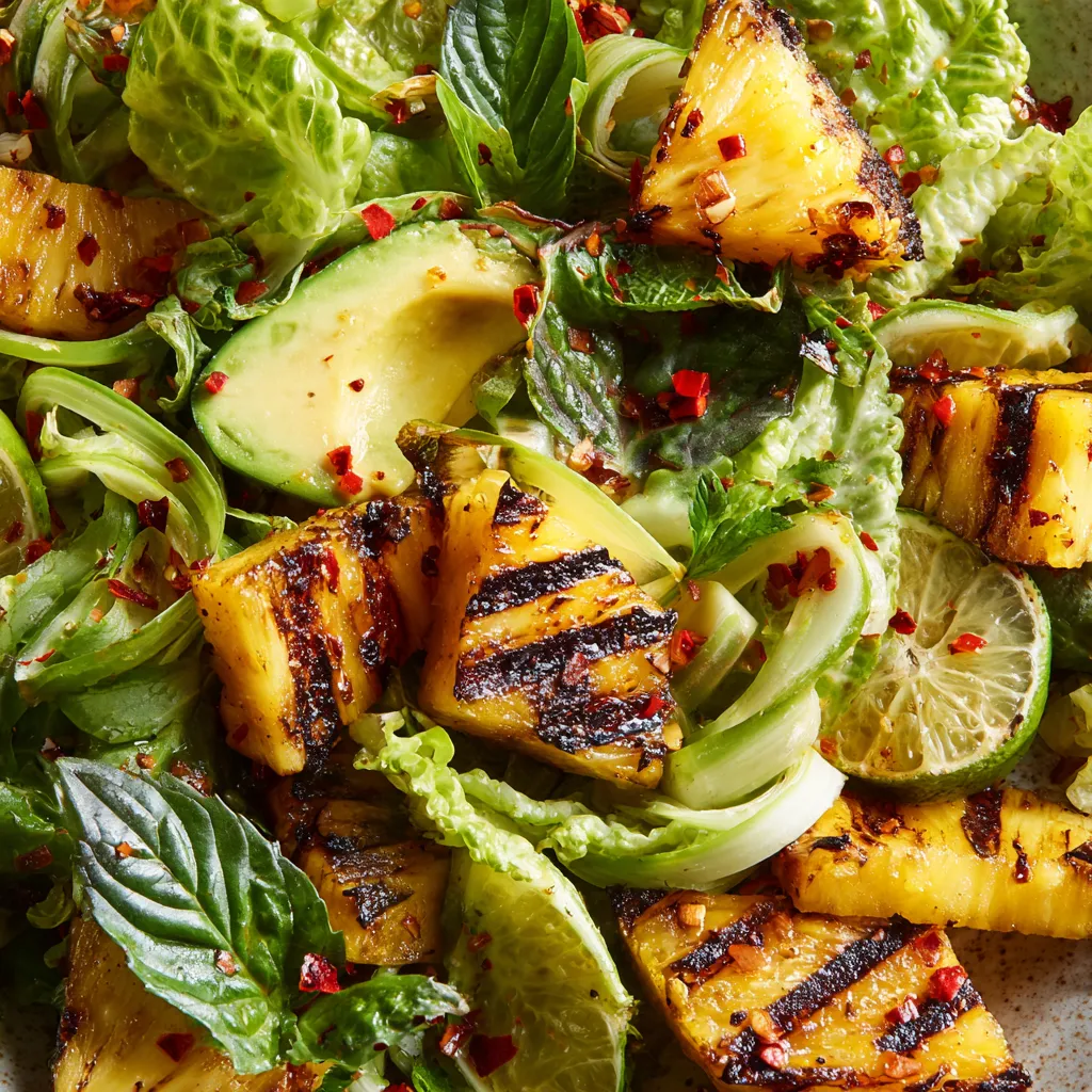 A salad with charred pineapple and avocado.