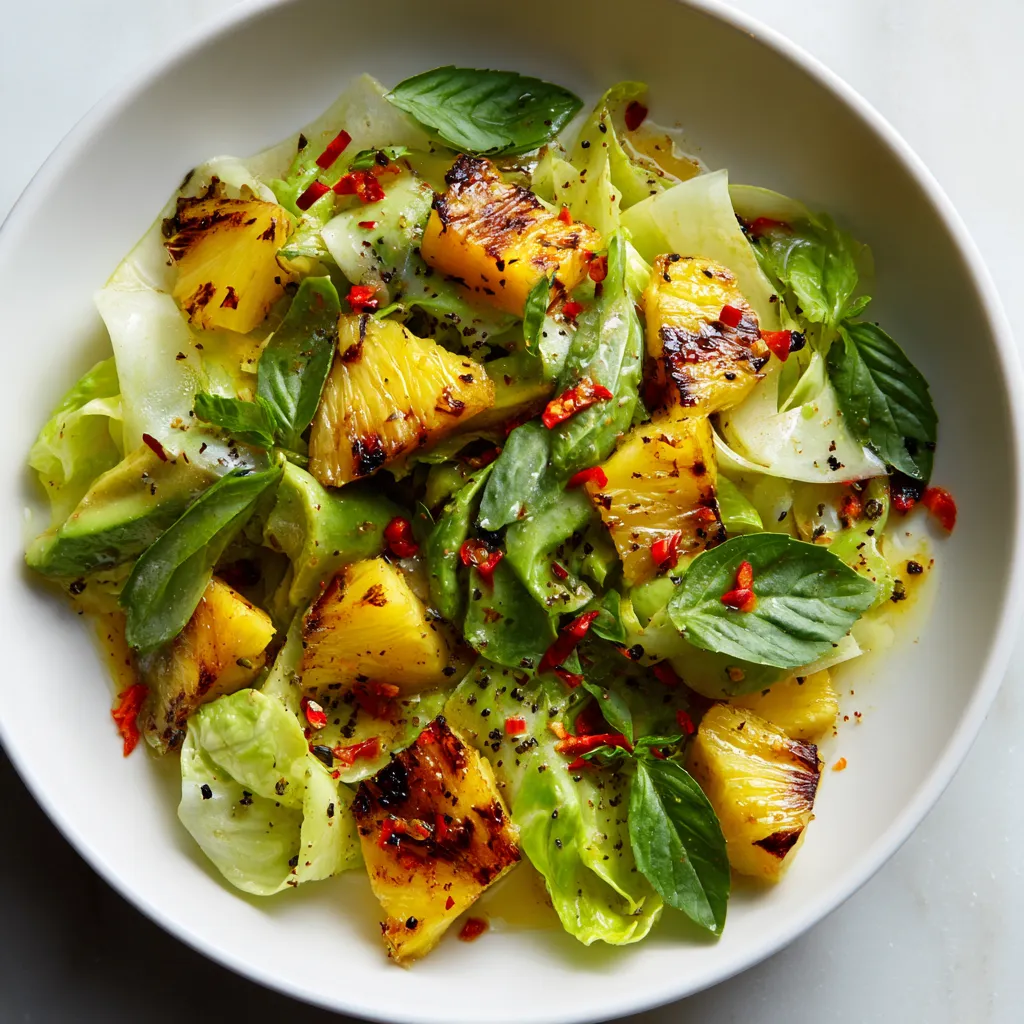 A bowl of food with a pineapple and greens.