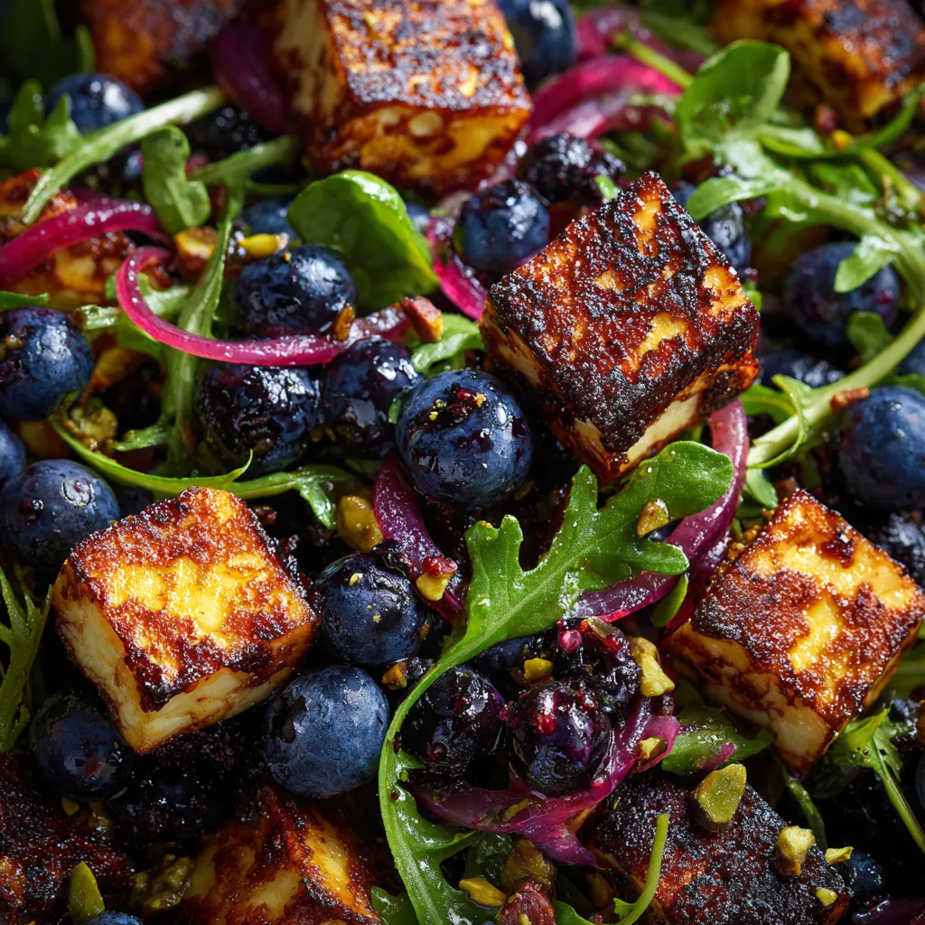 A dish of burnt halloumi and blueberries.