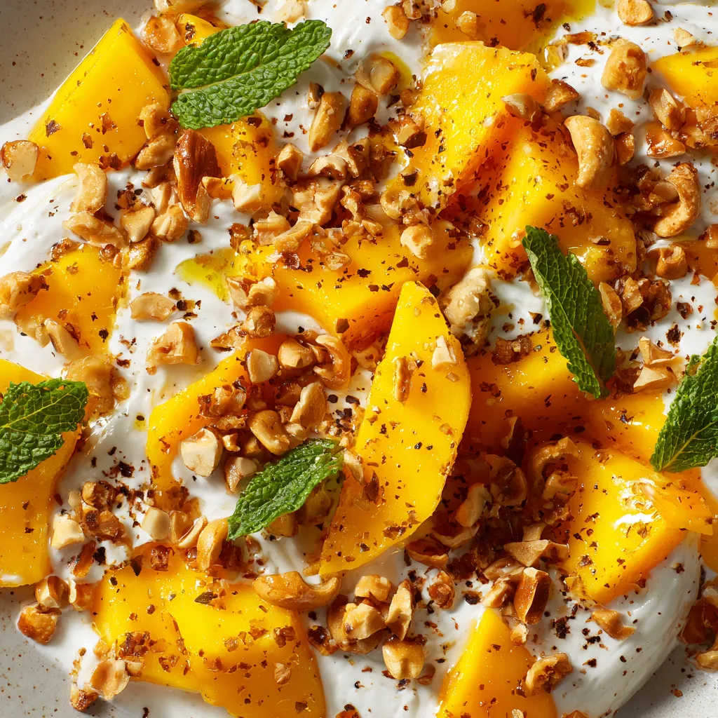 A dish of mango lassi salad with nuts and mint.