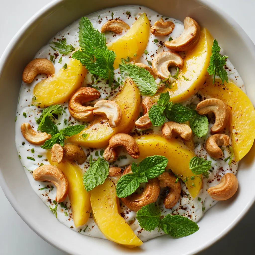 A bowl of yogurt with fruit and nuts.