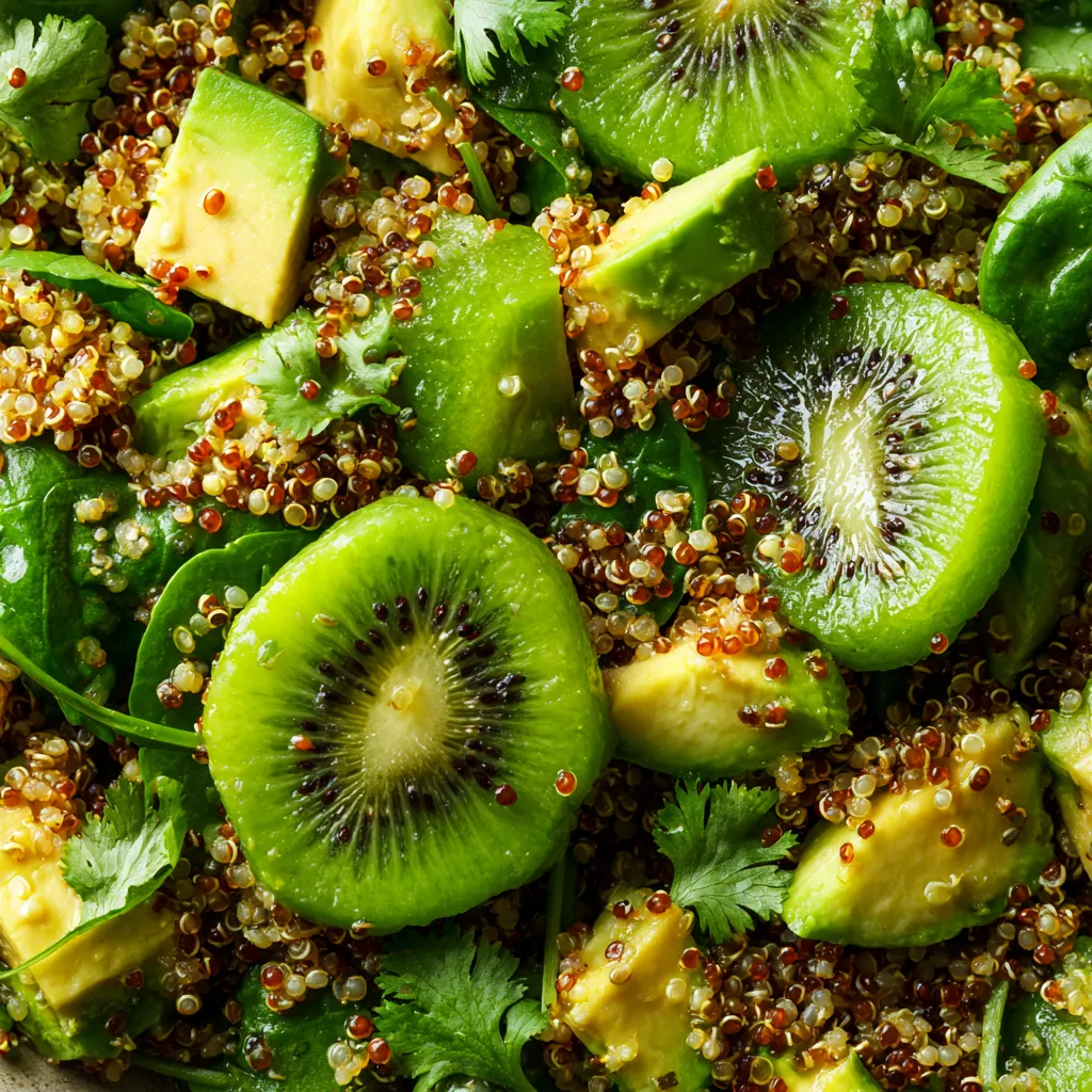 A salad with a mix of avocado, kiwi, and quinoa.