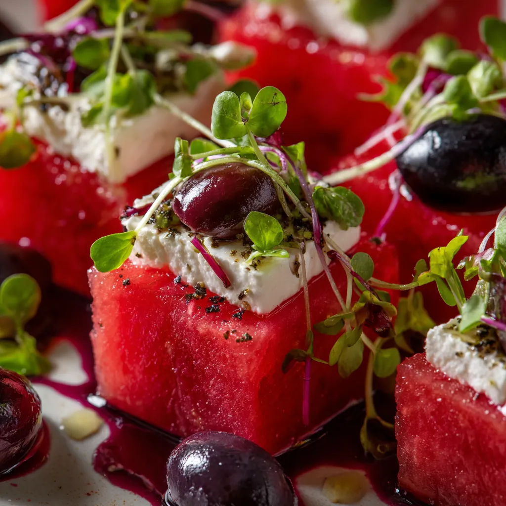 A slice of watermelon with feta cheese and olives.