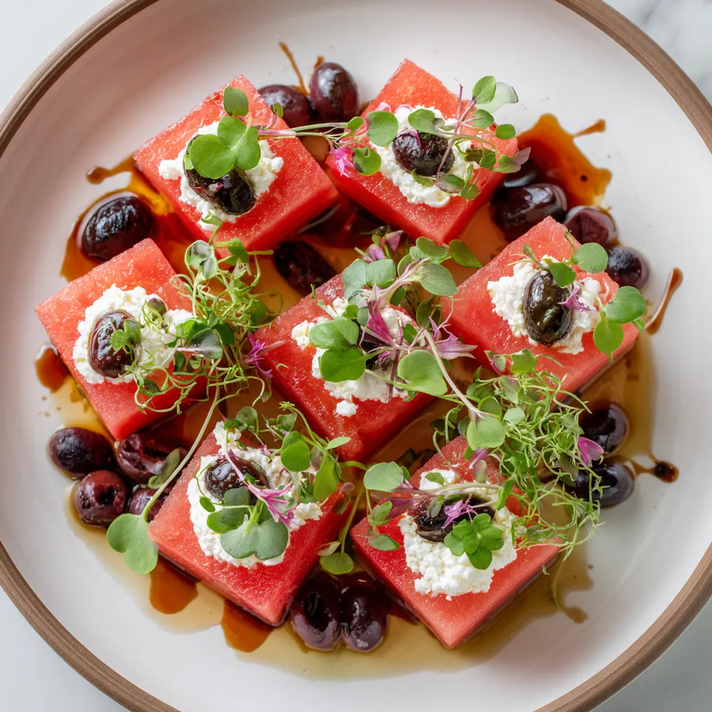 A plate of food with a slice of watermelon and a slice of pizza.