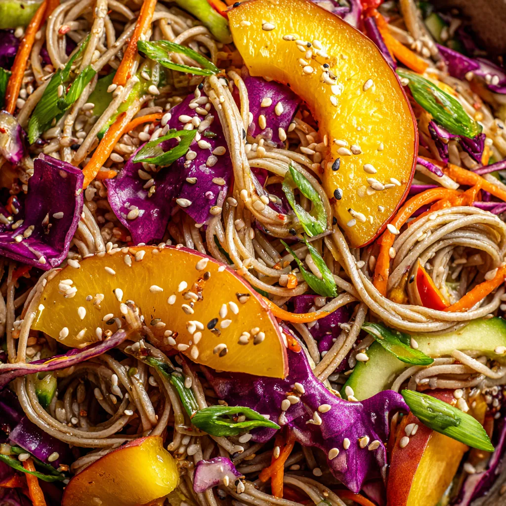 A bowl of Peach & Soba Harmony Salad.