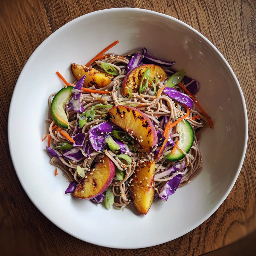A bowl of food with noodles, carrots, and peppers.