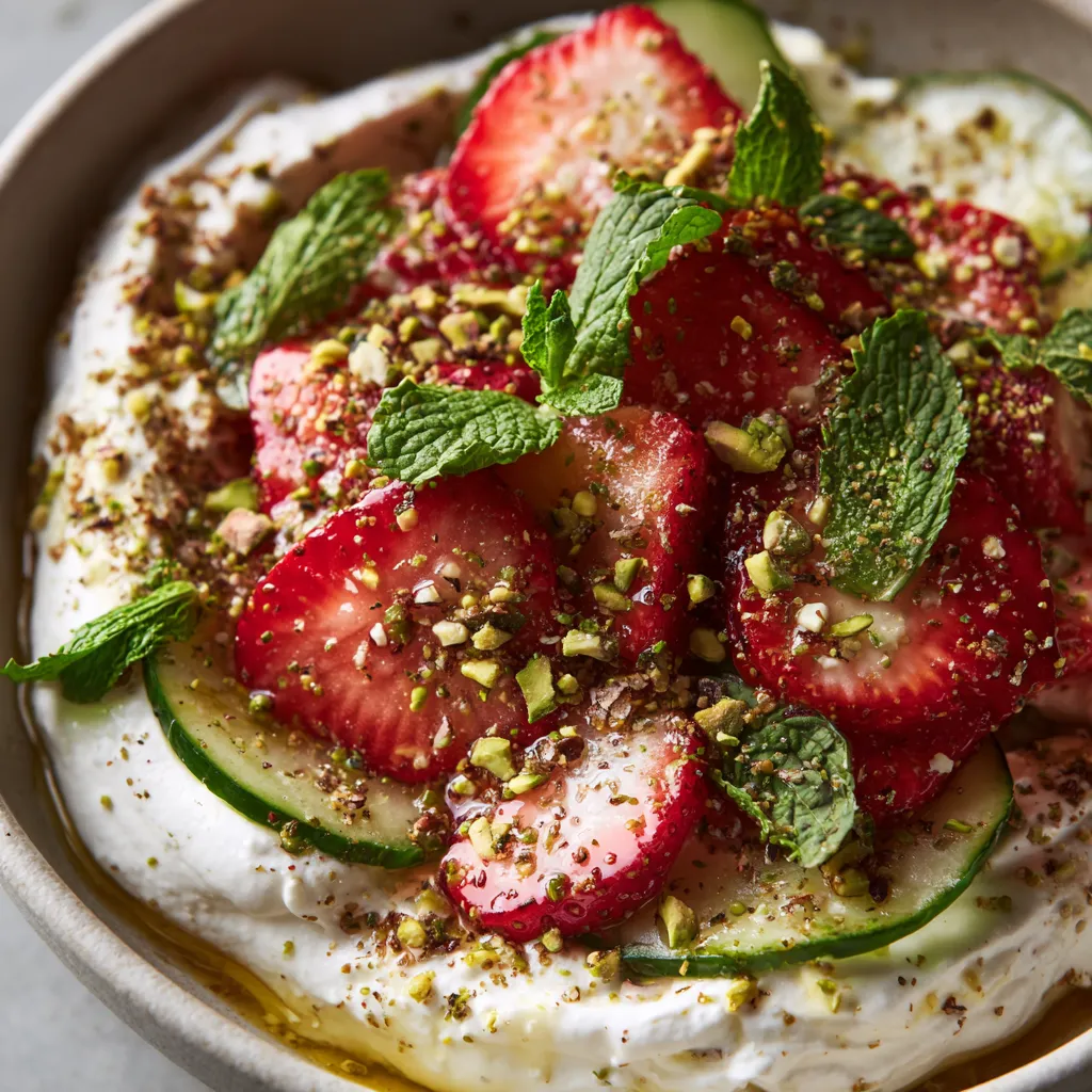 A bowl of strawberries and labneh.