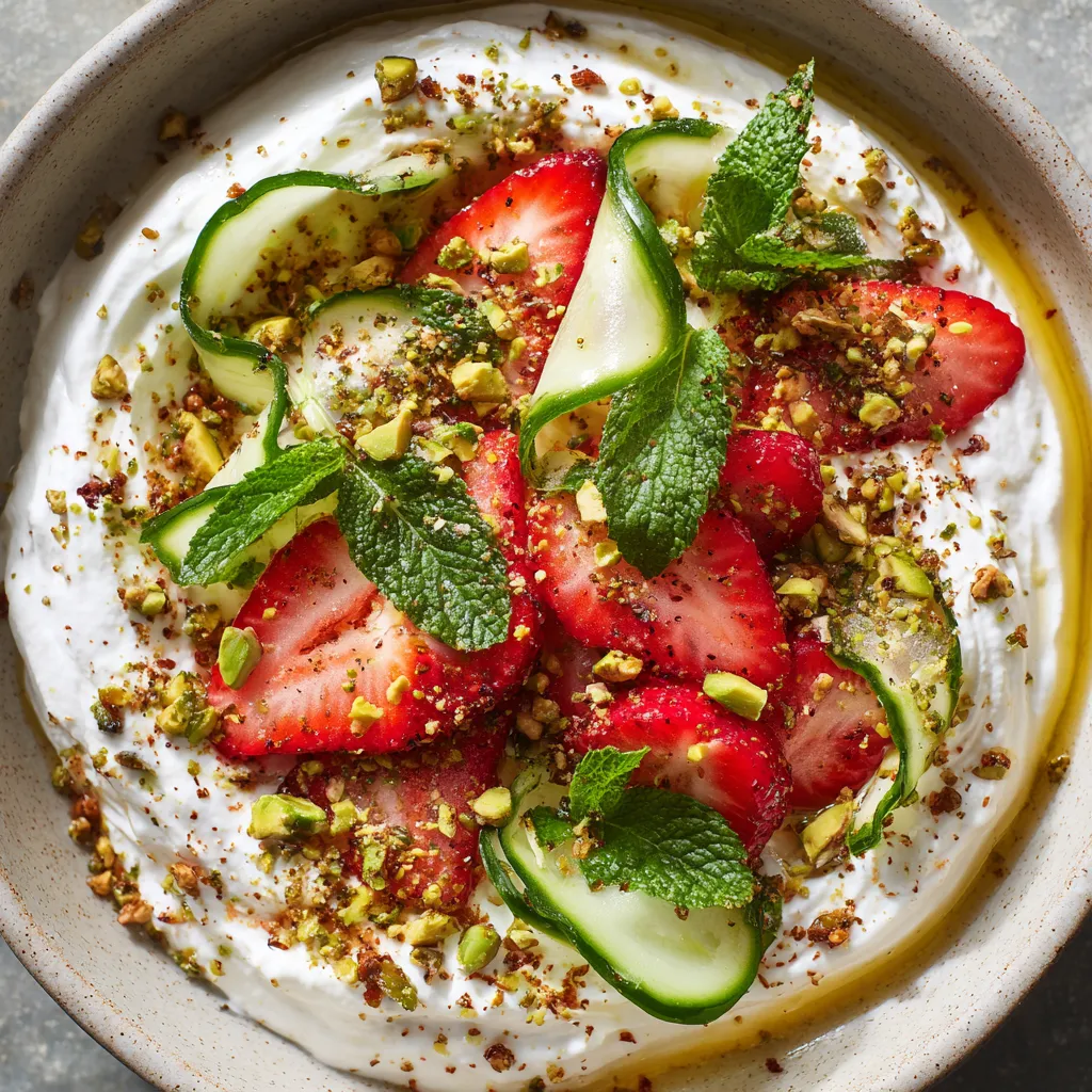 A bowl of food with strawberries and cucumbers.