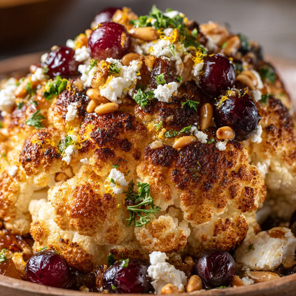 A whole roasted cauliflower with grapes and feta.