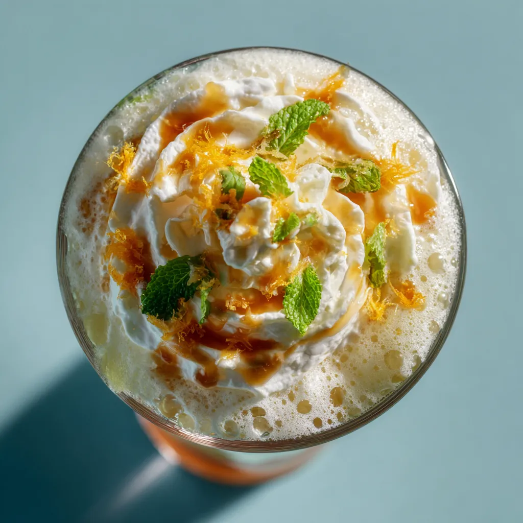 A glass of milk with a mint leaf on top.