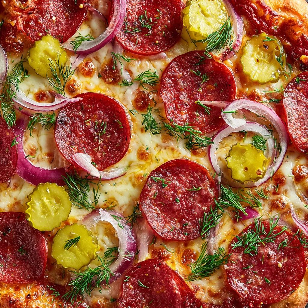 A pizza with pepperoni and pickles on top.