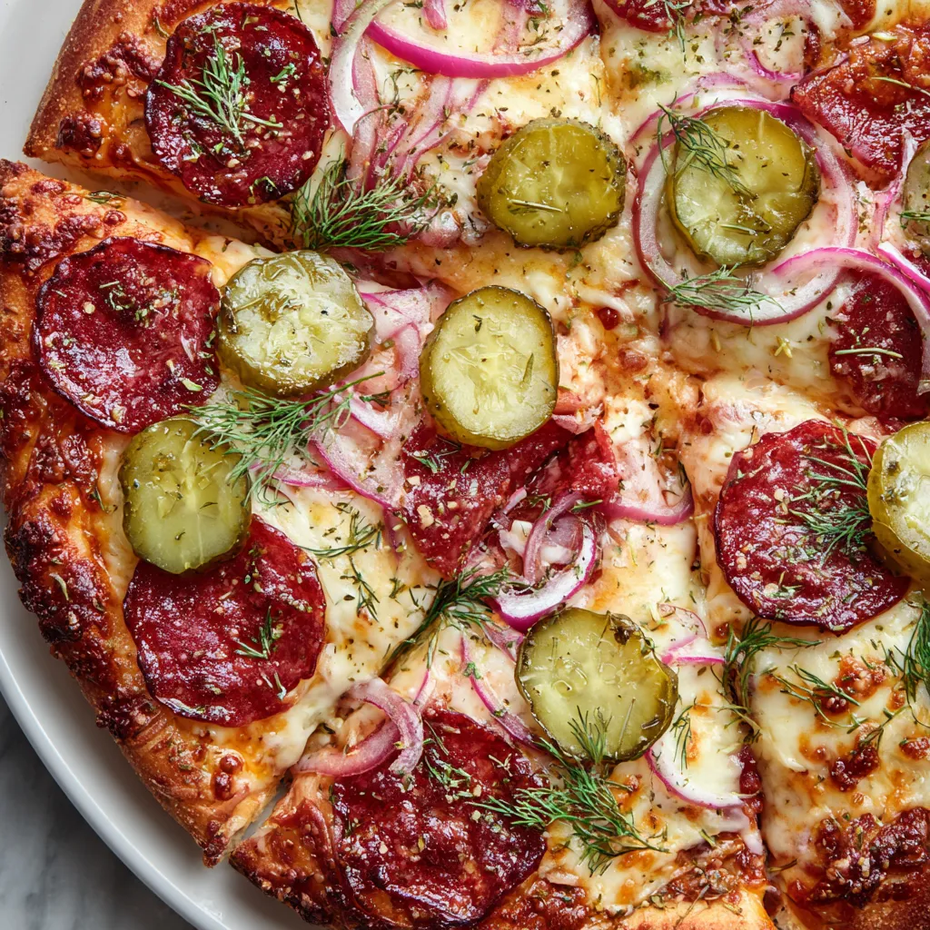 A pizza with pepperoni, onions, and pickles.