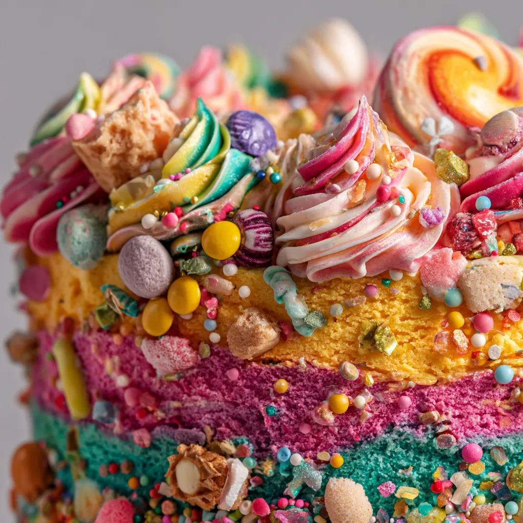 A colorful cake with various toppings.