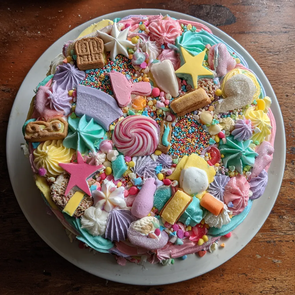 A cake with candies on it.