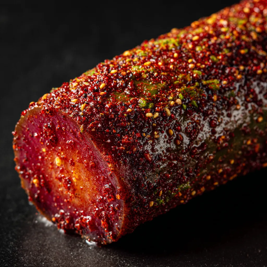 A pickle snack with a red and green color.