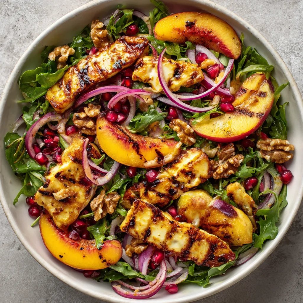 A bowl of food with peaches, onions, and nuts.