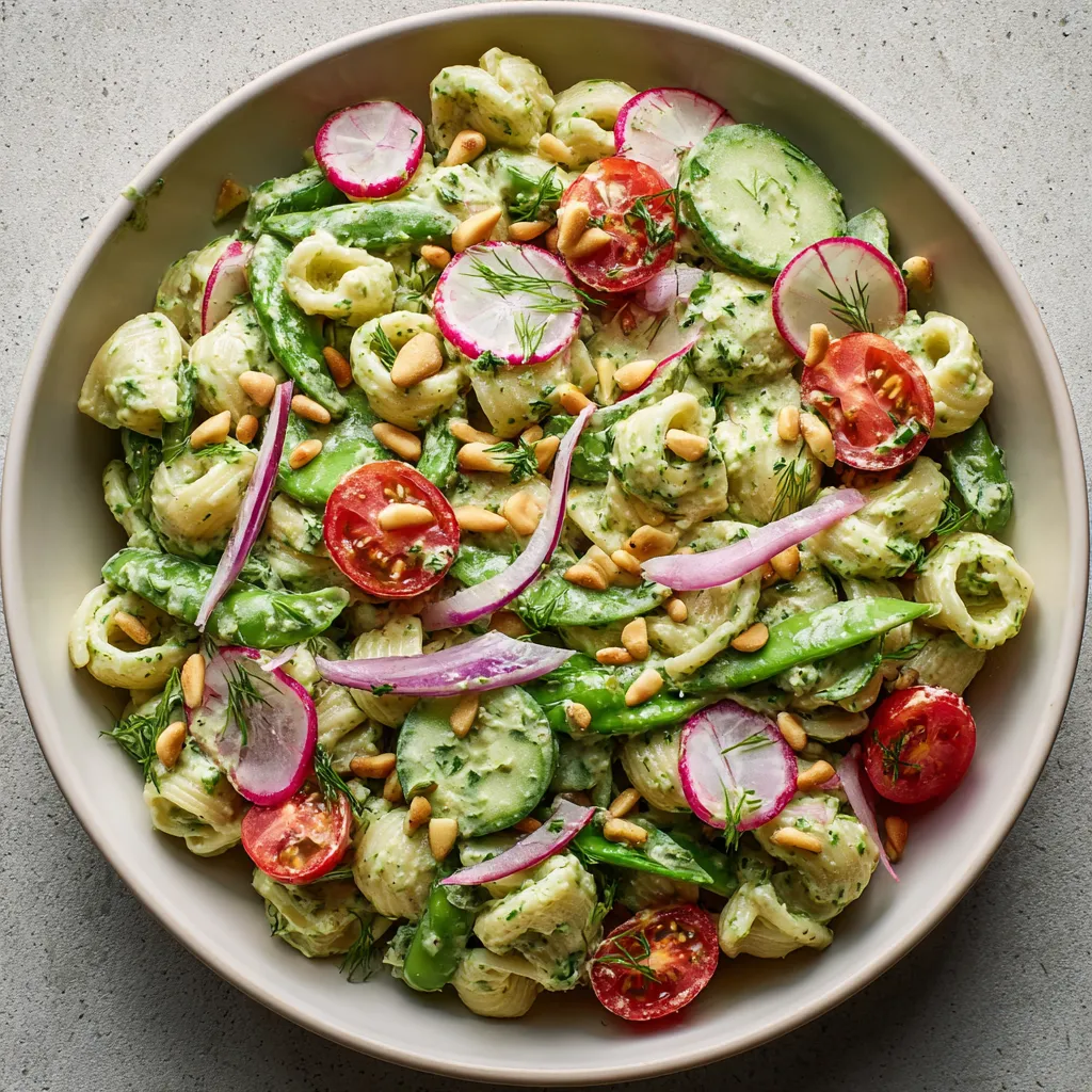 A bowl of pasta salad with tomatoes, cucumbers, and green beans.