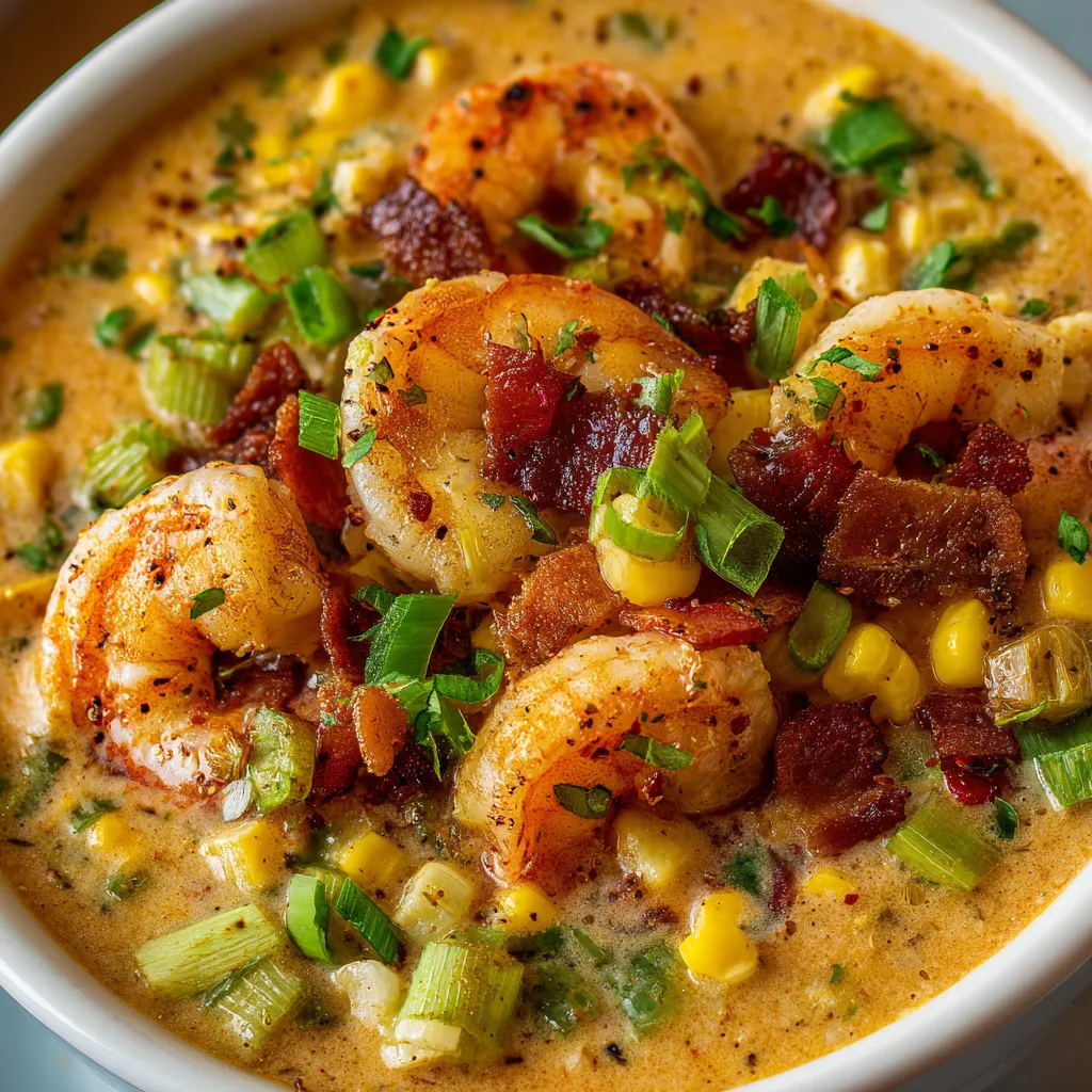 A bowl of shrimp and corn bisque.
