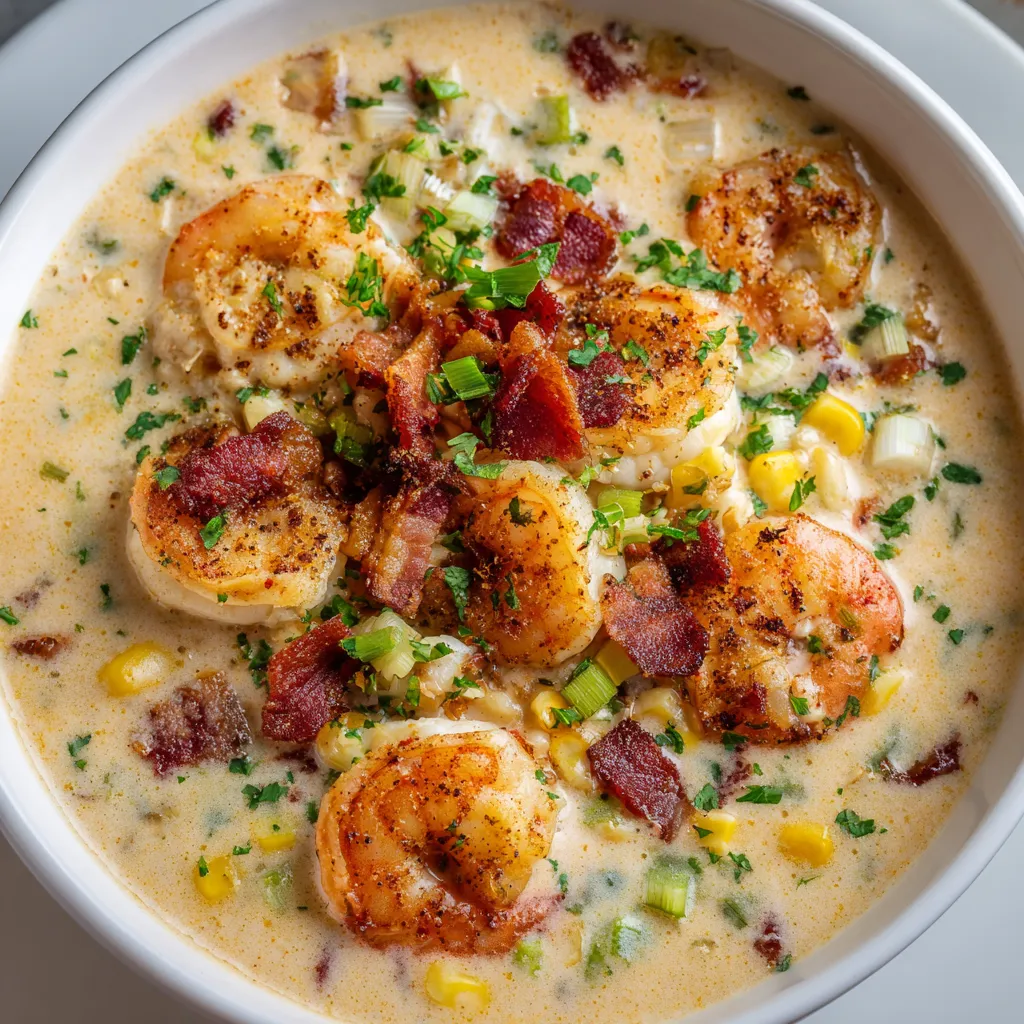 A bowl of soup with shrimp and bacon.