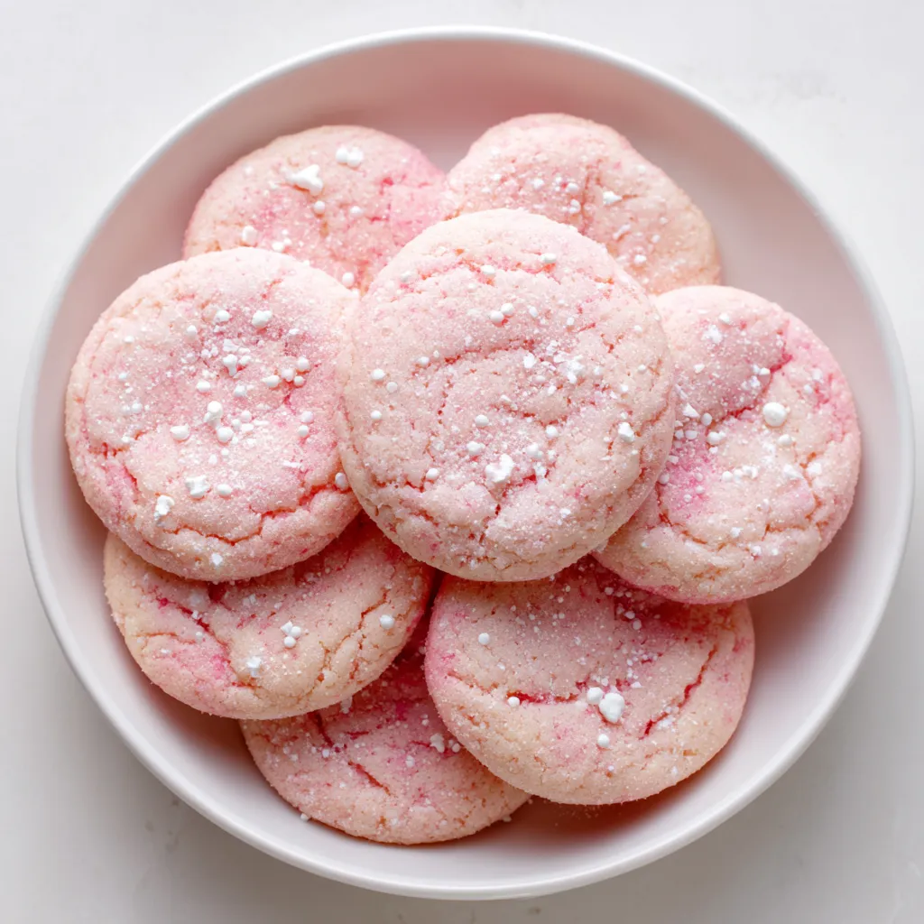 A bowl of pink cookies with white powder on top.