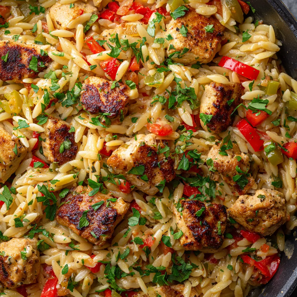 A dish of Cajun Chicken Orzo.